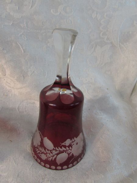 RED FOR VALENTINES DAY - ETCHED GLASS BELL & HOBNAIL RUFFLED DISH