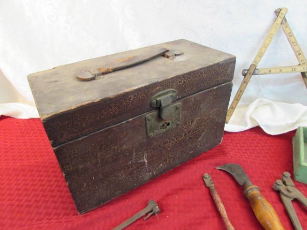 VINTAGE WOOEN TOOLBOX, TOOLS & OIL CANS