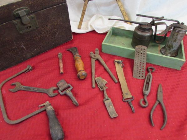 VINTAGE WOOEN TOOLBOX, TOOLS & OIL CANS