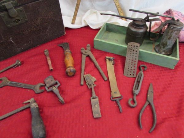 VINTAGE WOOEN TOOLBOX, TOOLS & OIL CANS