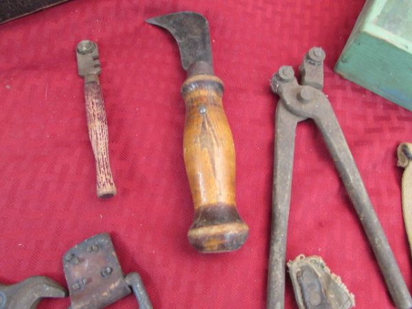 VINTAGE WOOEN TOOLBOX, TOOLS & OIL CANS