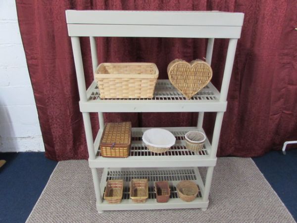 PLASTIC SHELVES & WICKER BASKETS