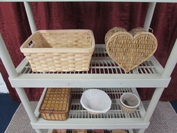 PLASTIC SHELVES & WICKER BASKETS