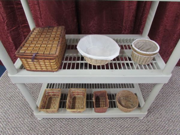 PLASTIC SHELVES & WICKER BASKETS