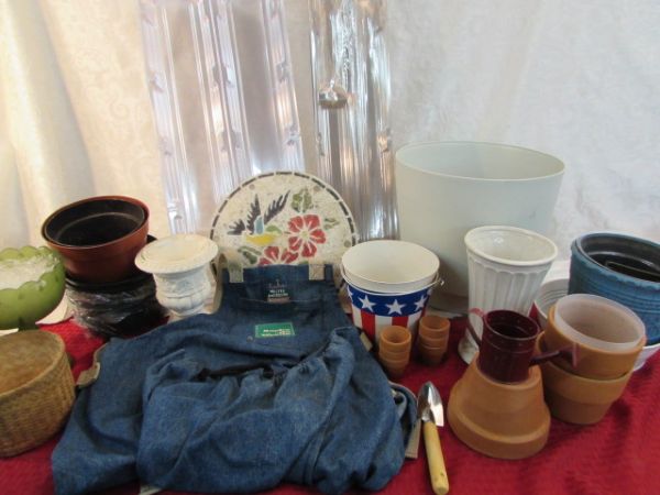 GARDEN VARIETY LOT - SEEDLING HOT HOUSES, STEPPING STONE, POTS, GARDEN APRON