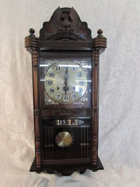 VINTAGE WOODEN 31 DAY WALL CLOCK WITH CHIME