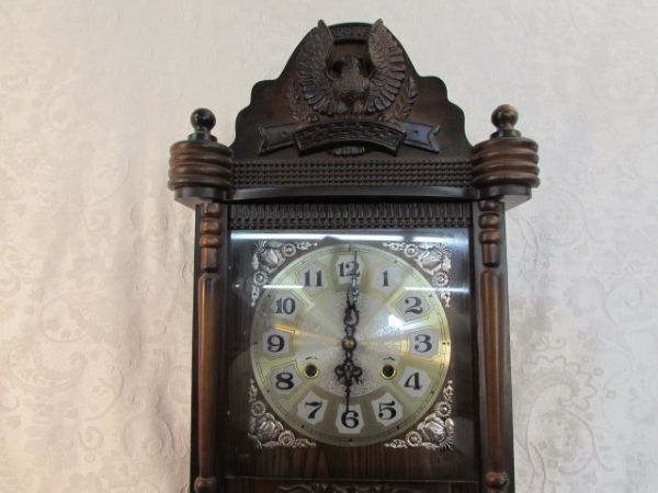 VINTAGE WOODEN 31 DAY WALL CLOCK WITH CHIME