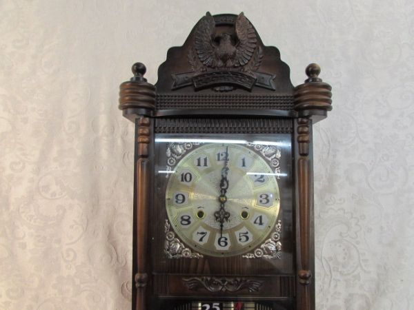 VINTAGE WOODEN 31 DAY WALL CLOCK WITH CHIME