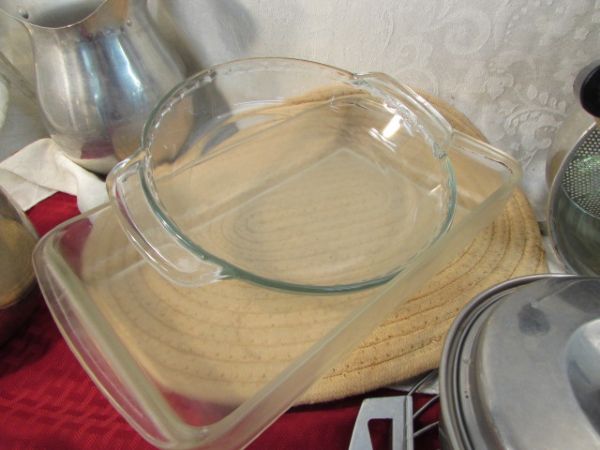 VINTAGE POTS, PANS, PYREX AND MORE