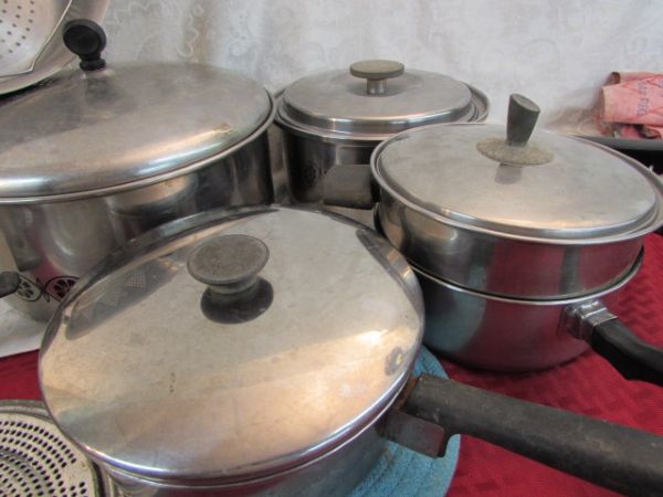 VINTAGE POTS, PANS, PYREX AND MORE