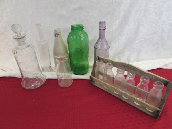 ANTIQUE BOTTLES, DECANTER & SPICE RACK