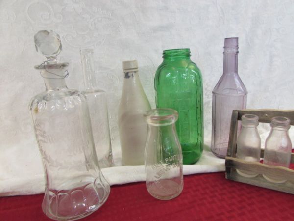 ANTIQUE BOTTLES, DECANTER & SPICE RACK