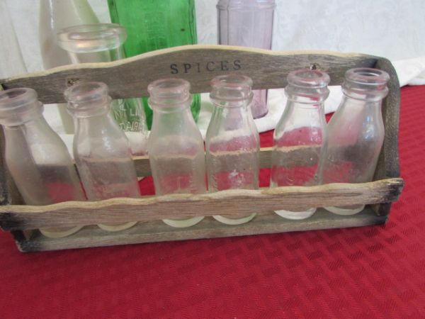 ANTIQUE BOTTLES, DECANTER & SPICE RACK