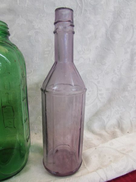 ANTIQUE BOTTLES, DECANTER & SPICE RACK