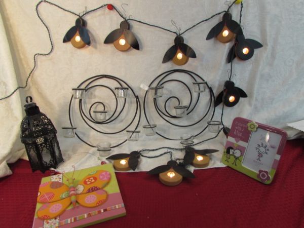 BEE LIGHTED WITH STRING LIGHTS,  METAL TEA LIGHT SCULPTURES, CERAMIC FRAME & MORE