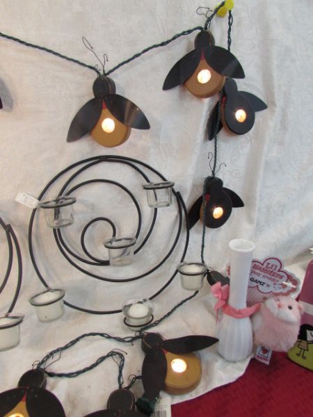 BEE LIGHTED WITH STRING LIGHTS,  METAL TEA LIGHT SCULPTURES, CERAMIC FRAME & MORE