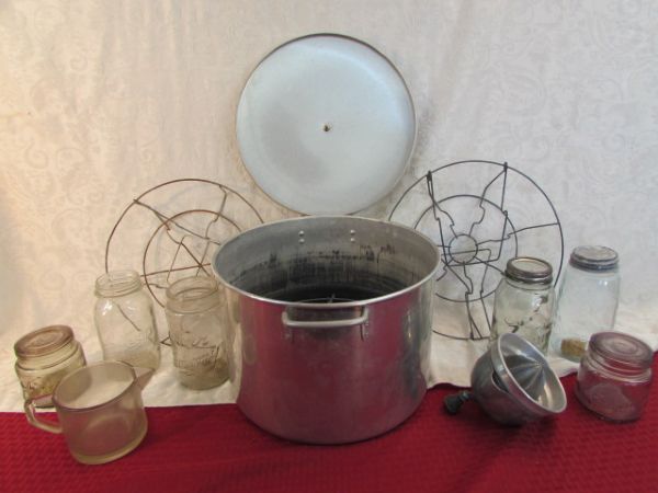 VINTAGE CANNING LOT -- JARS, PAN AND JUICER