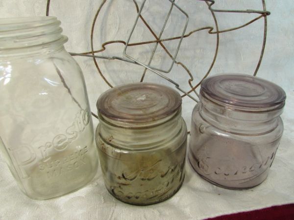 VINTAGE CANNING LOT -- JARS, PAN AND JUICER