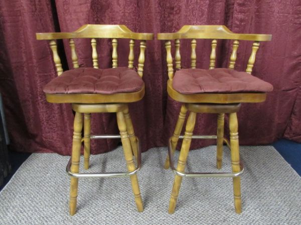 TWO WOOD SWIVEL BARSTOOLS