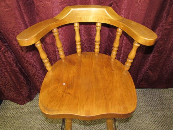 TWO WOOD SWIVEL BARSTOOLS