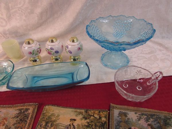 VINTAGE TAPESTRY, GLASSWARE, BED KNOBS AND MORE!