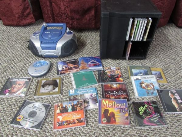 CD/CASSETTE PLAYER, PORTABLE CD PLAYER AND CDs AND HOLDER
