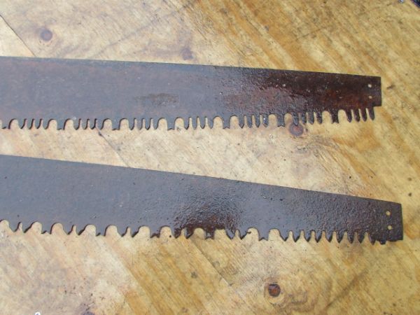 TWO  PRIMITIVE TWO MAN CROSSCUT SAW BLADES  WITH TWO HANDLES