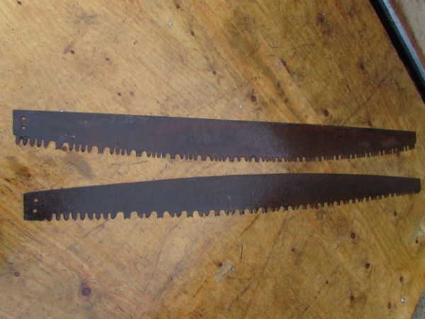 TWO  PRIMITIVE TWO MAN CROSSCUT SAW BLADES  WITH TWO HANDLES