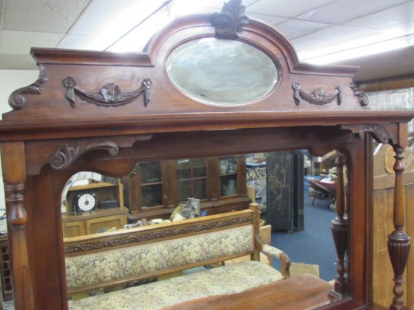 INCREDIBLE, ANTIQUE, CARVED VICTORIAN SIDEBOARD WITH TWO BEVELED MIRRORS