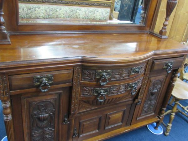 INCREDIBLE, ANTIQUE, CARVED VICTORIAN SIDEBOARD WITH TWO BEVELED MIRRORS