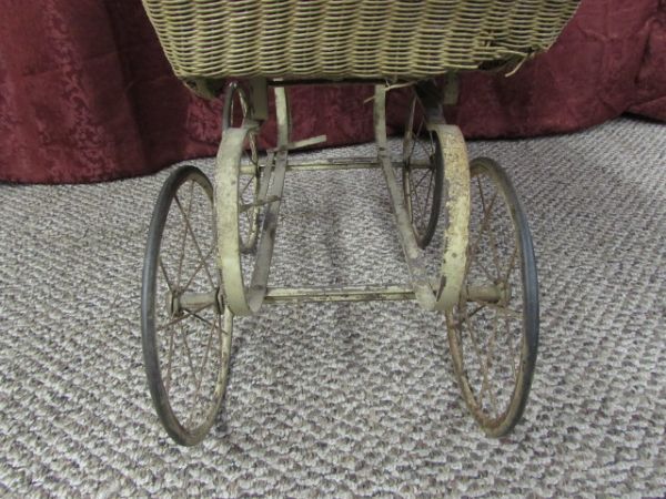 VINTAGE  WICKER DOLL CARRIAGE/STROLLER WITH METAL FRAME & WHEELS