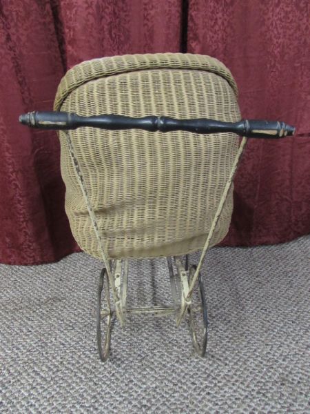 VINTAGE  WICKER DOLL CARRIAGE/STROLLER WITH METAL FRAME & WHEELS