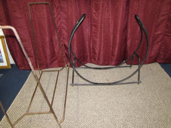 TWO STURDY METAL FIREWOOD HOLDERS