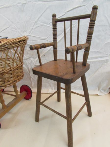 VINTAGE WICKER & WOOD DOLL BUGGY & TALL CHAIR