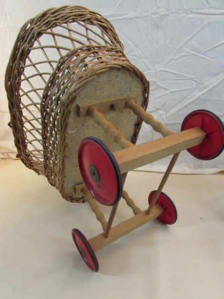 VINTAGE WICKER & WOOD DOLL BUGGY & TALL CHAIR