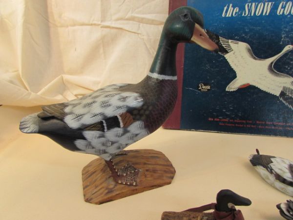 DUCK, DUCK, GOOSE - MINI DECOYS, WOOD CARVED DUCK & VINTAGE RECORD