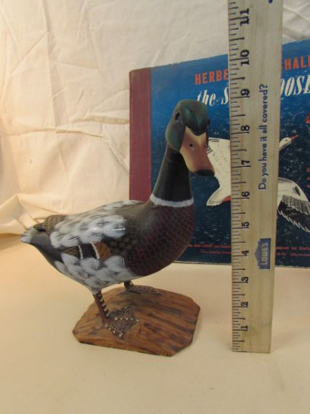 DUCK, DUCK, GOOSE - MINI DECOYS, WOOD CARVED DUCK & VINTAGE RECORD