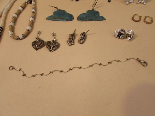 WESTERN STYLE JEWELRY INCLUDES SILVER BRACELET & HORSESHOE EARRINGS.