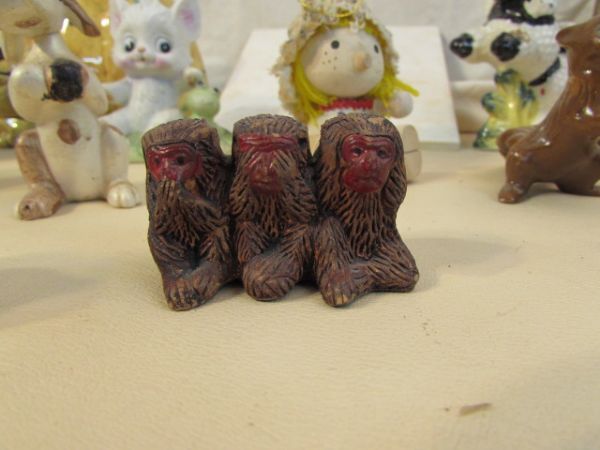 VINTAGE CERAMIC DOGS, CATS, MONKEYS, ONE LITTLE MOUSE & MORE