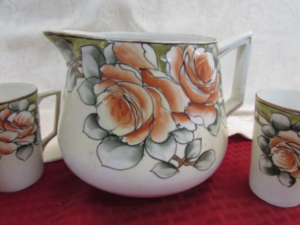 VINTAGE JE 0H HANDPAINTED LEMONADE PITCHER & MUGS. 