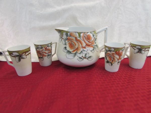 VINTAGE JE 0H HANDPAINTED LEMONADE PITCHER & MUGS. 