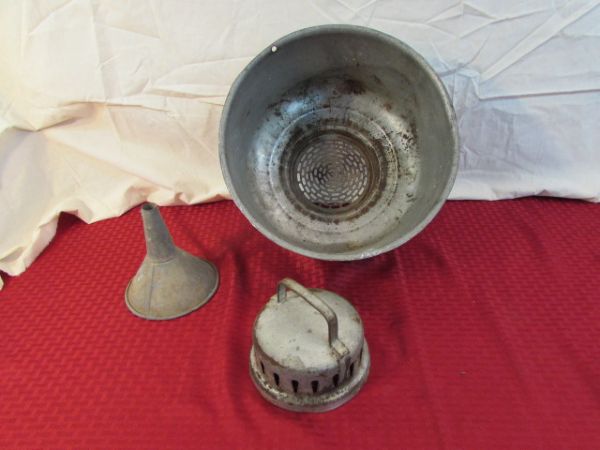 OLD METAL MILK STRAINER WITH FUNNEL