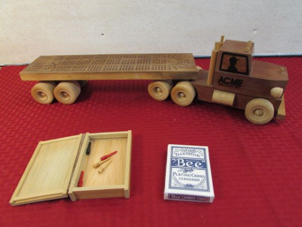 UNIQUE HANDMADE SEMI TRUCK CRIBBAGE BOARD.