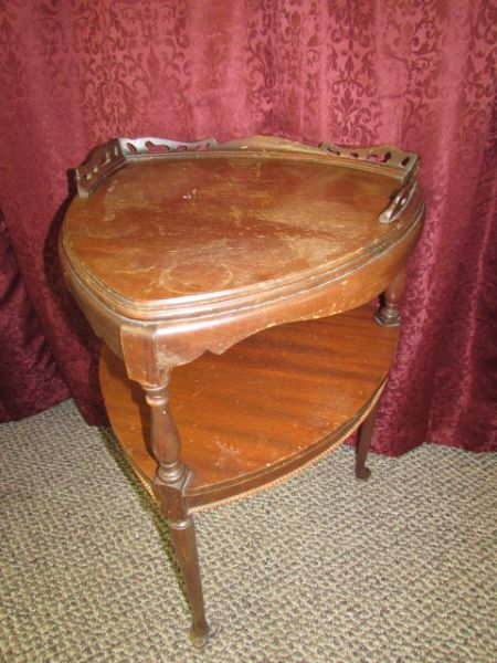 TWO VINTAGE  ALL WOOD CONVEX TRIANGULAR SIDE TABLES 