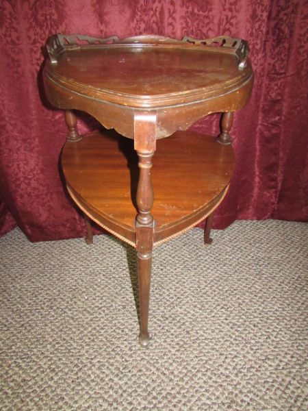 TWO VINTAGE  ALL WOOD CONVEX TRIANGULAR SIDE TABLES 