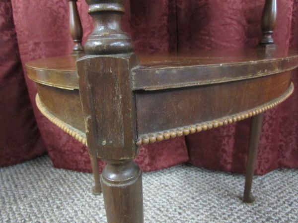 TWO VINTAGE  ALL WOOD CONVEX TRIANGULAR SIDE TABLES 