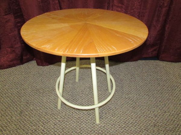 HANDMADE TABLE WITH FOOT RUNG. OAK TOP, METAL BASE