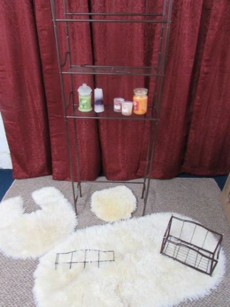 BATHROOM ORGANIZER, CANDLES & RUGS