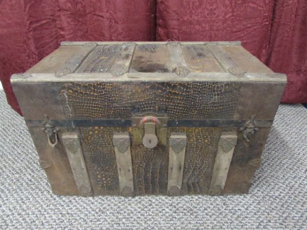 ANTIQUE ALLIGATOR TIN STEAMER TRUNK