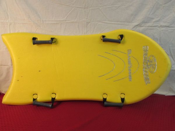 SNOW BOOGIE BOARD AND TWO TOBOGGANS